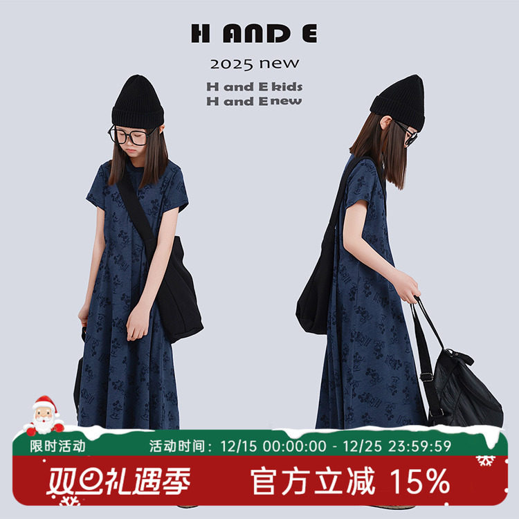 H AND E 原创童装2025夏季蓝色卡通米奇圆领短袖连衣裙长裙女童