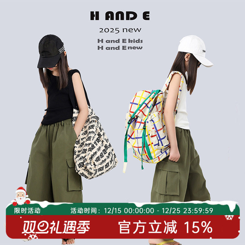 H AND E 原创童装2025春季新款军绿色工装9分垮裤休闲宽松大童女
