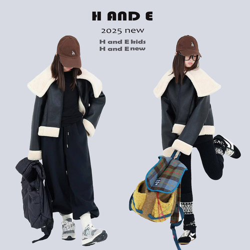 HANDE黑色米驼娃娃领皮毛一体