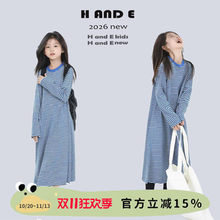 H AND E  原创慵懒风童装海军蓝条纹长裙26秋冬连衣裙母女亲子装