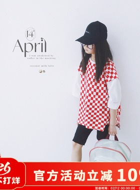 短袖T恤红色棋盘格夏季2026新款洋气女孩半袖童装儿童夏装