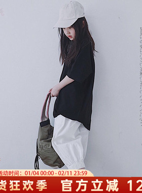 童装白色萝卜裤九分棉质灯笼裤奶白色束脚宽松休闲儿童裤子