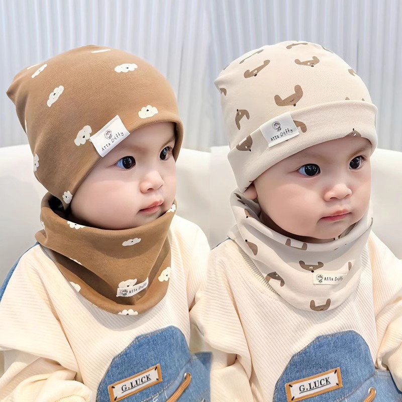 婴儿帽子秋冬款男宝宝纯棉新款女童婴幼儿男童女童套头帽两件套