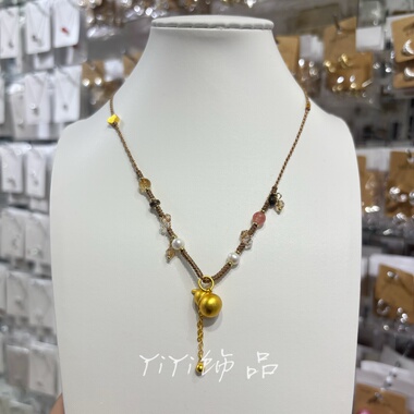 新中式美拉德咖色编织绳沙金葫芦吊坠项链长款女高级中国风毛衣链