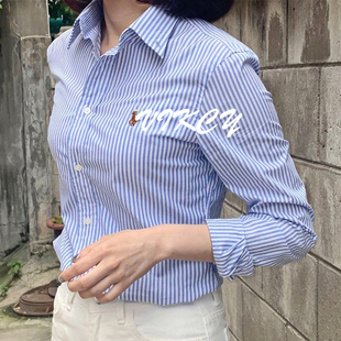 美国保罗女士条纹衬衫商务休闲尖领长袖牛津纺修身蓝色衬衣rl