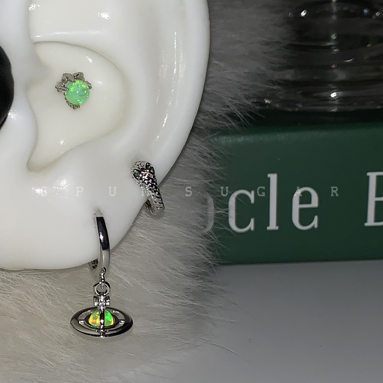 绝美极光绿土星坠耳圈耳环澳宝龙爪耳骨钉小众设计辣妹耳坠耳饰女
