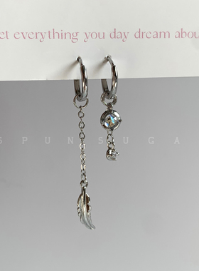 双耳洞不对称流苏羽翼耳环小众个性幻彩水滴气质长款耳扣耳饰女