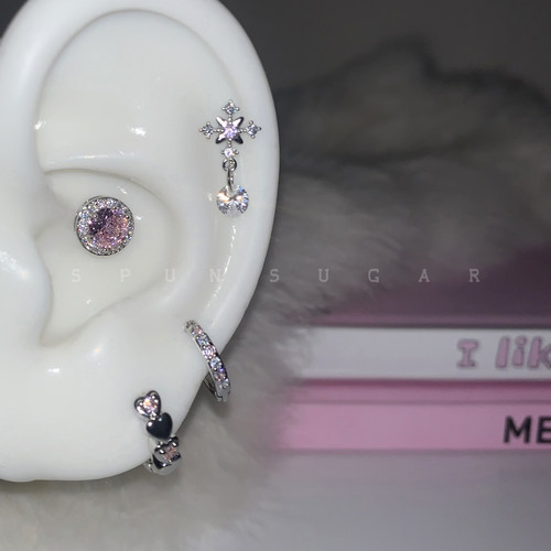 粉色十字雪花坠耳骨钉钛钢甜美闪钻爱心耳圈叠带小众耳钉耳环女