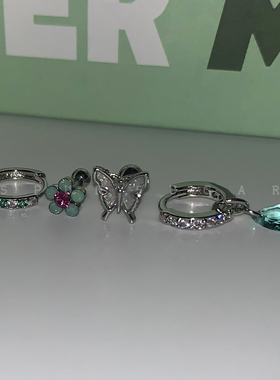 闪闪湖绿色水滴耳圈绿色小花朵耳骨钉钛钢蝴蝶耳蜗钉甜酷小众耳环