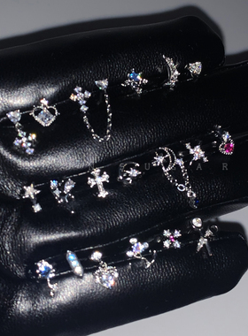 钛钢锆石十字架螺丝耳骨钉男女 甜酷bling满钻高级感蓝色星芒耳钉