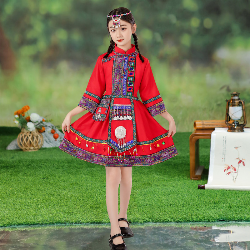 六一儿童壮族苗族土家族哈尼族少数民族演出服装连衣裙女童舞蹈服