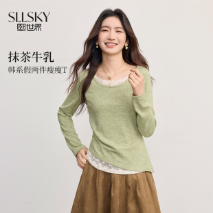 熙世界假两件长袖T恤女韩系穿搭秋季不规则蕾丝拼接显瘦收腰上衣