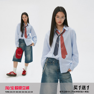 蓝色条纹长袖 岚室 Clamisgold 领带项链印花 宽松上衣男女 衬衫
