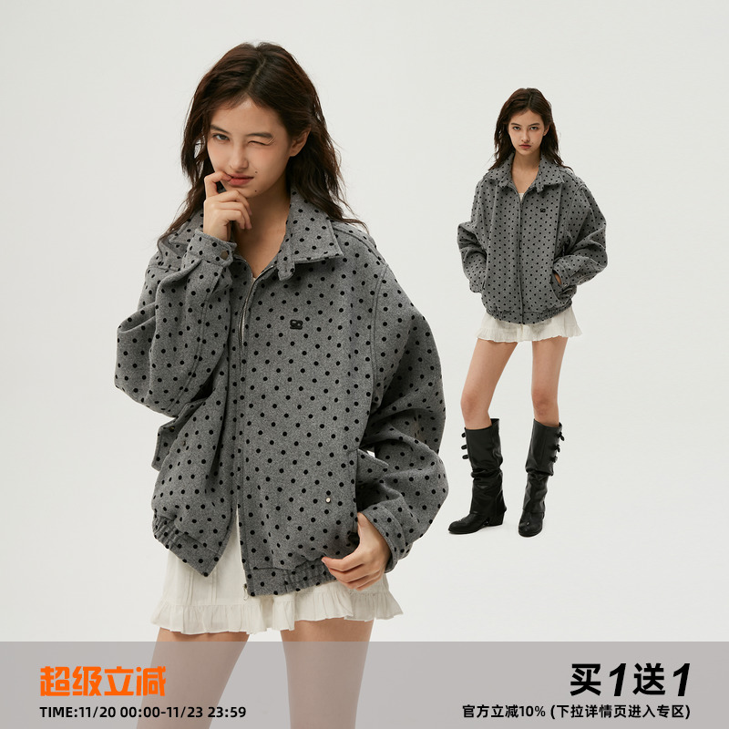 岚室植绒波点宽松毛呢外套