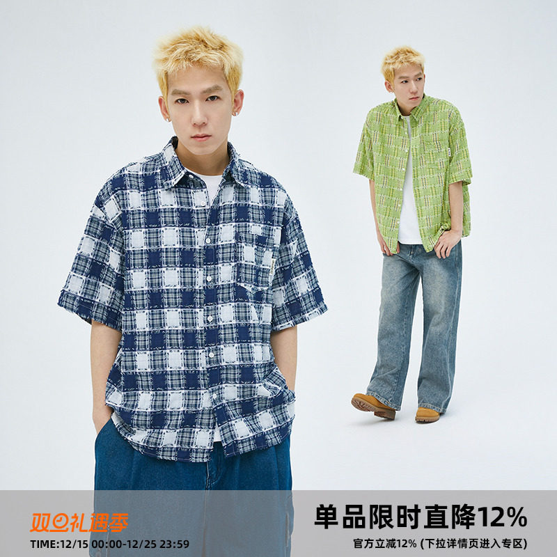 Clamisgold美式破坏格纹短袖衬衫