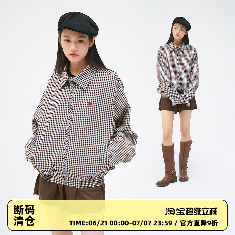 CLAMISGOLD翻领格纹宽松短款夹克