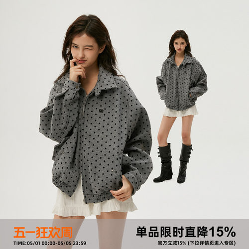 岚室植绒波点哈灵顿复古韩系外套