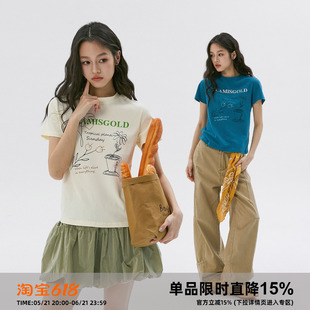 岚室（Clamisgold）植物系*花卉手绘涂鸦字母正肩短袖显瘦上衣t恤