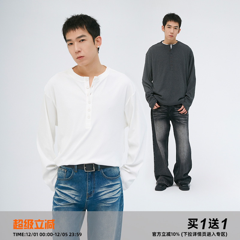 CLAMISGOLD长袖美式男亨利领T恤