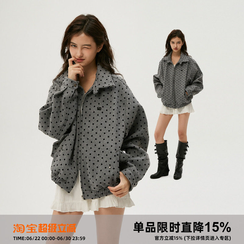 Clamisgold（岚室）植绒波点*小众复古韩系哈灵顿宽松外套夹克女 - 实物图