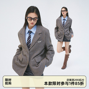 CASD（Clamisgold）秋冬人字纹休闲宽松毛呢西装外套羊毛呢子大衣