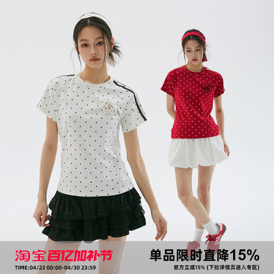 岚室玫瑰波点蕾丝插肩袖短袖T恤