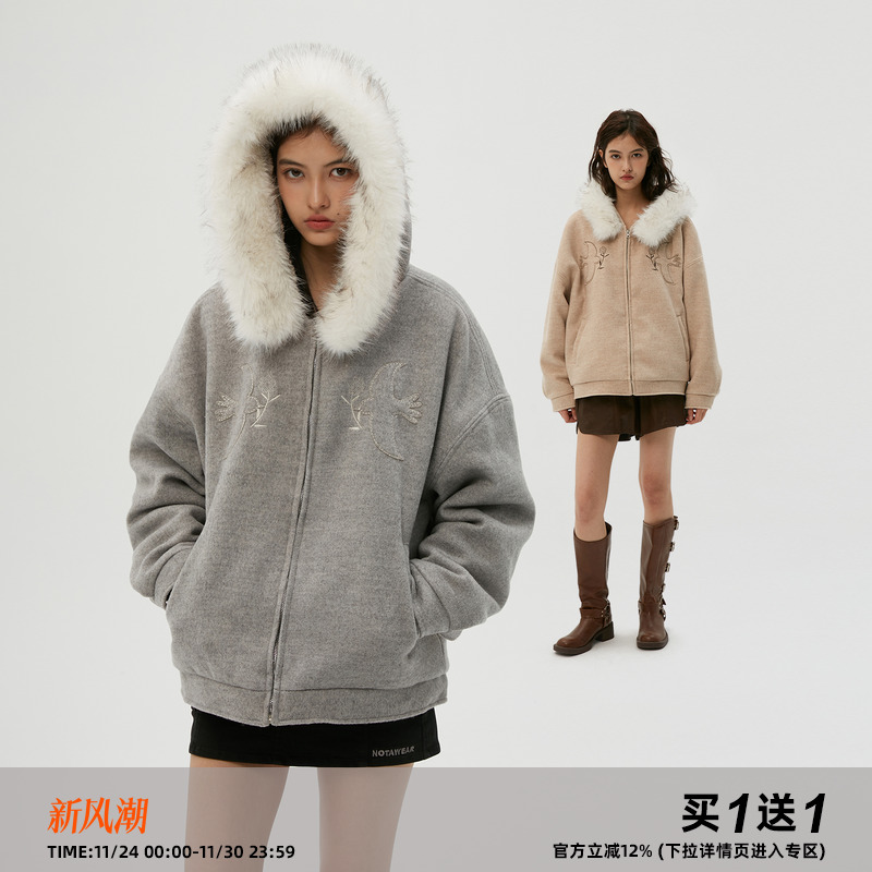 岚室飞鸟与花羊毛呢大衣棉衣外套