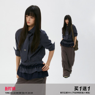 衬衫 岚室 领带格子长袖 三件套 假两件花边裙摆上衣 Clamisgold