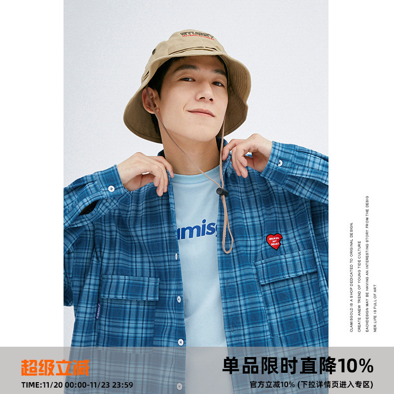 格子衬衫长袖刺绣Clamisgold