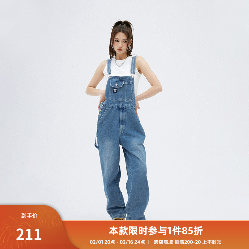 CLAMISGOLD国潮美式复古牛仔背带裤男女情侣潮流嘻哈直筒阔腿长裤