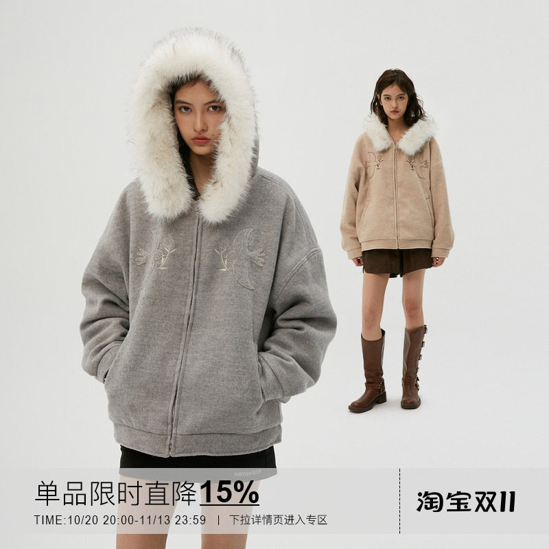 Clamisgold（岚室）飞鸟与花*连帽毛领羊毛呢大衣加绒厚外套棉服