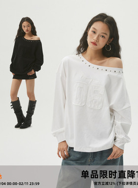 CASD（Clamisgold）贴布绣铆钉斜肩薄卫衣女一字肩长袖上衣打底衫