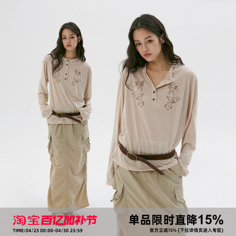 岚室 *鸢尾花*植物慵懒手缝线花纱麻混纺长袖轻盈透气罩衫T恤上衣