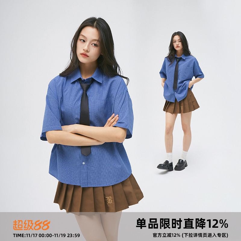 Clamisgold美式蓝色格纹短袖衬衫