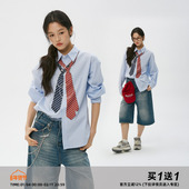 Clamisgold 领带项链印花 蓝色条纹长袖 岚室 衬衫 宽松上衣男女