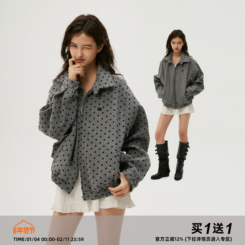 Clamisgold（岚室）植绒波点*秋冬韩系哈灵顿宽松毛呢外套大衣女,女装/女士精品,毛呢外套,淘宝优惠券,粉丝福利购,淘宝优惠卷