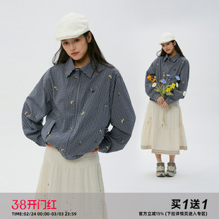 岚室（Clamisgold）*春日小花*薄款复古蓝格子哈灵顿宽松外套夹克