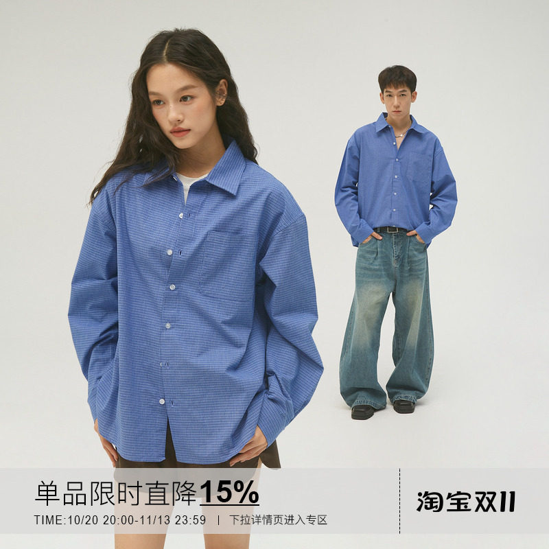 岚室（Clamisgold）蓝色格纹宽松长袖衬衫纯棉Miu系衬衫男女情侣