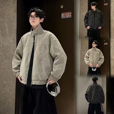 HN潮牌-秋季新款复古扎染PU皮立领皮衣夹克痞帅宽松百搭情侣外套