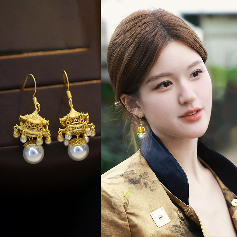 新中式六角楼阁耳环女