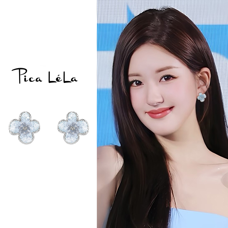 法式时尚蓝色四叶草耳夹