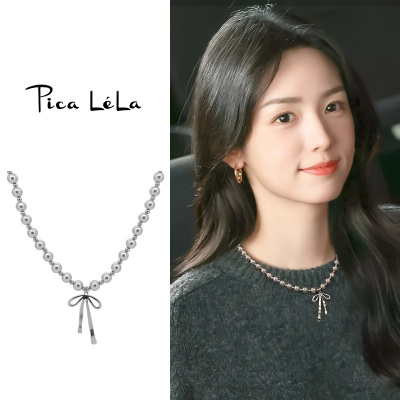 灰色蝴蝶结珍珠款项链女