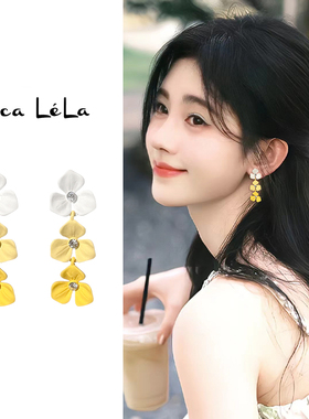 彩色花朵耳钉女小众度假风长款气质耳环可爱甜美耳坠海边夏天耳饰