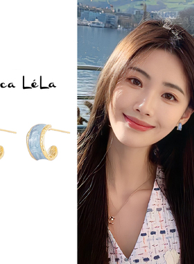 气质蓝色C型耳钉女小众独特设计精致耳环2026年新款气质港风耳饰