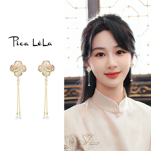 新中式花朵流苏纯银耳环女