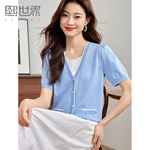 熙世界假两件薄款冰丝针织衫女短袖夏季小香风时尚上衣2025年新款