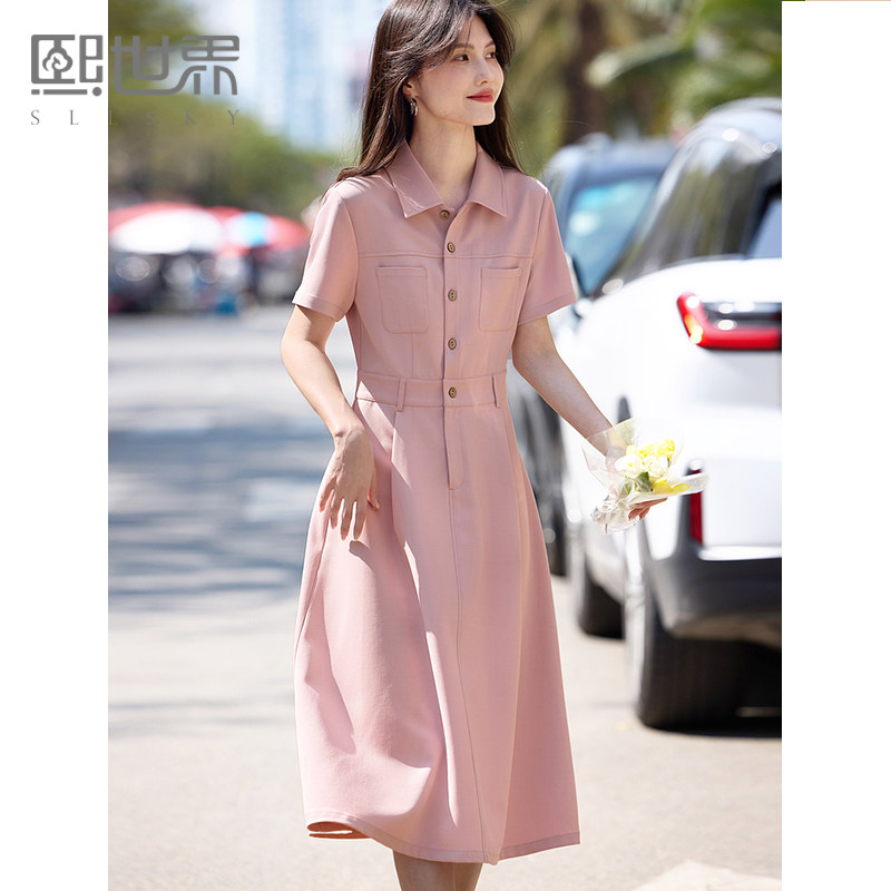 熙世界工装风粉色连衣裙女夏2025新款法式收腰显瘦通勤短袖衬衫裙
