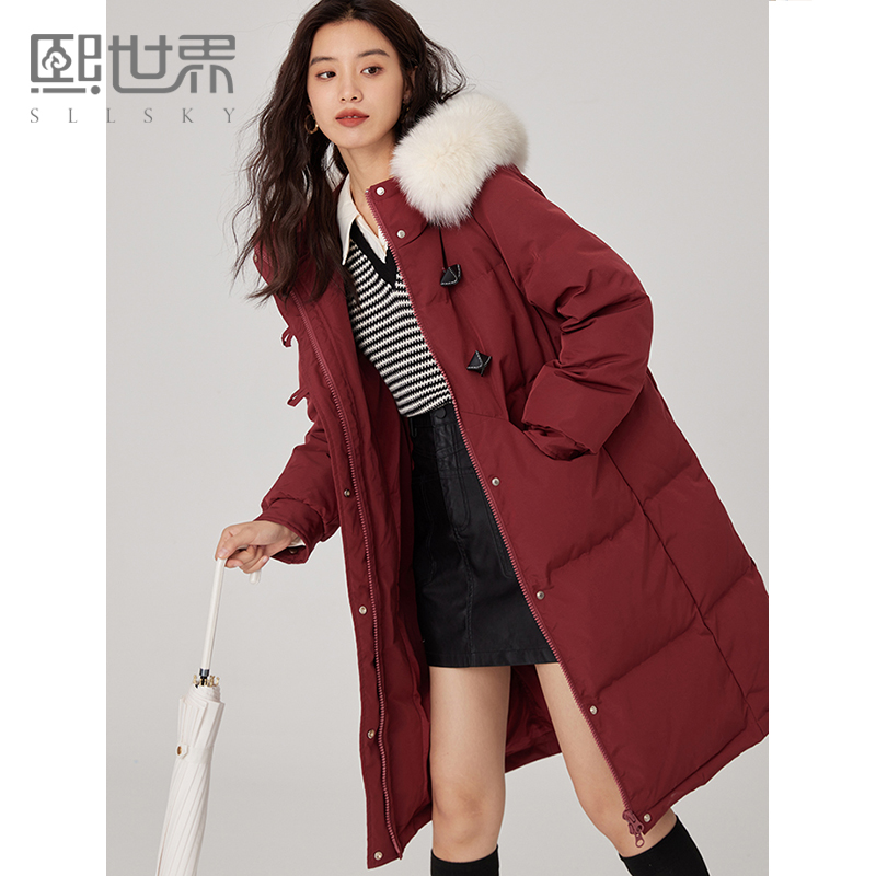 熙世界中长款红色毛领羽绒服