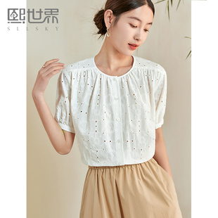 熙世界法式重工镂空绣花白衬衫女夏2024新款设计感泡泡袖纯棉上衣