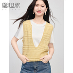 熙世界法式挑孔镂空U领针织马甲女薄款夏季别致叠穿无袖背心上衣